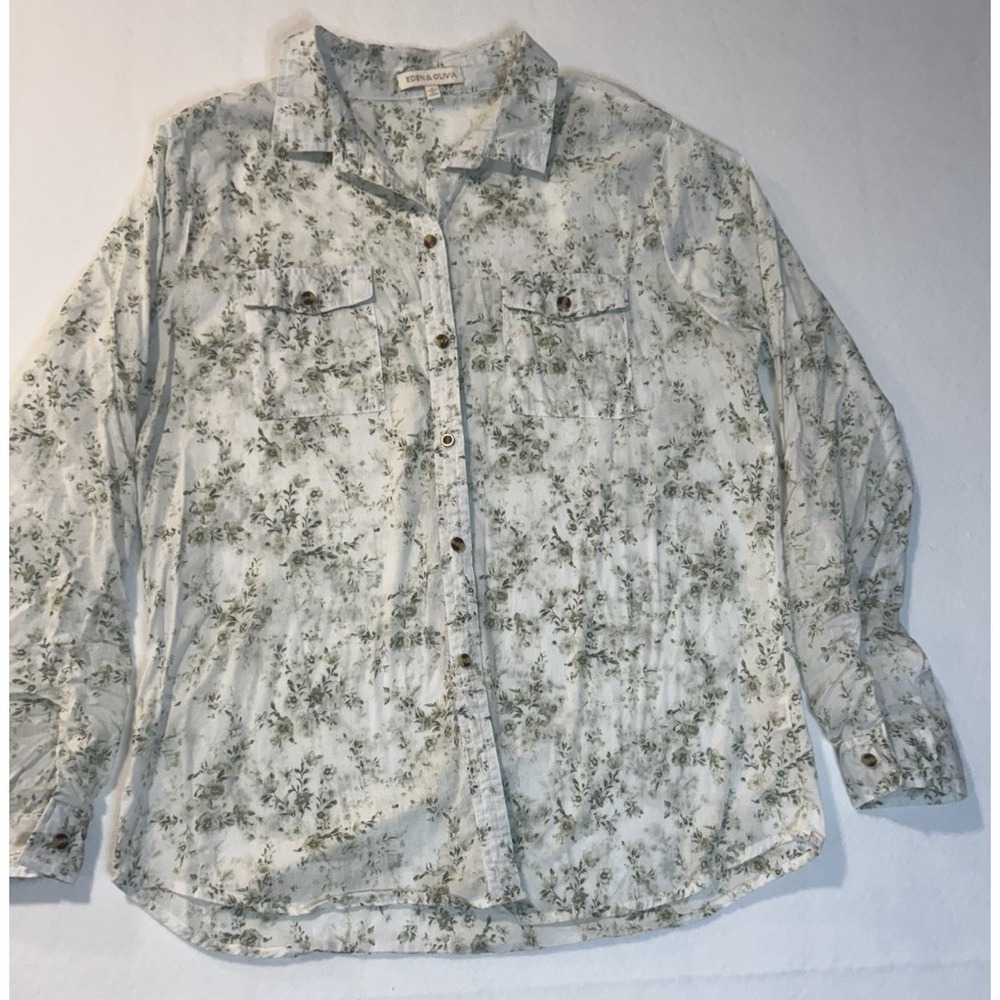Eden and Olivia Sage And Cream Floral Button Up 100% Cotton Size Large